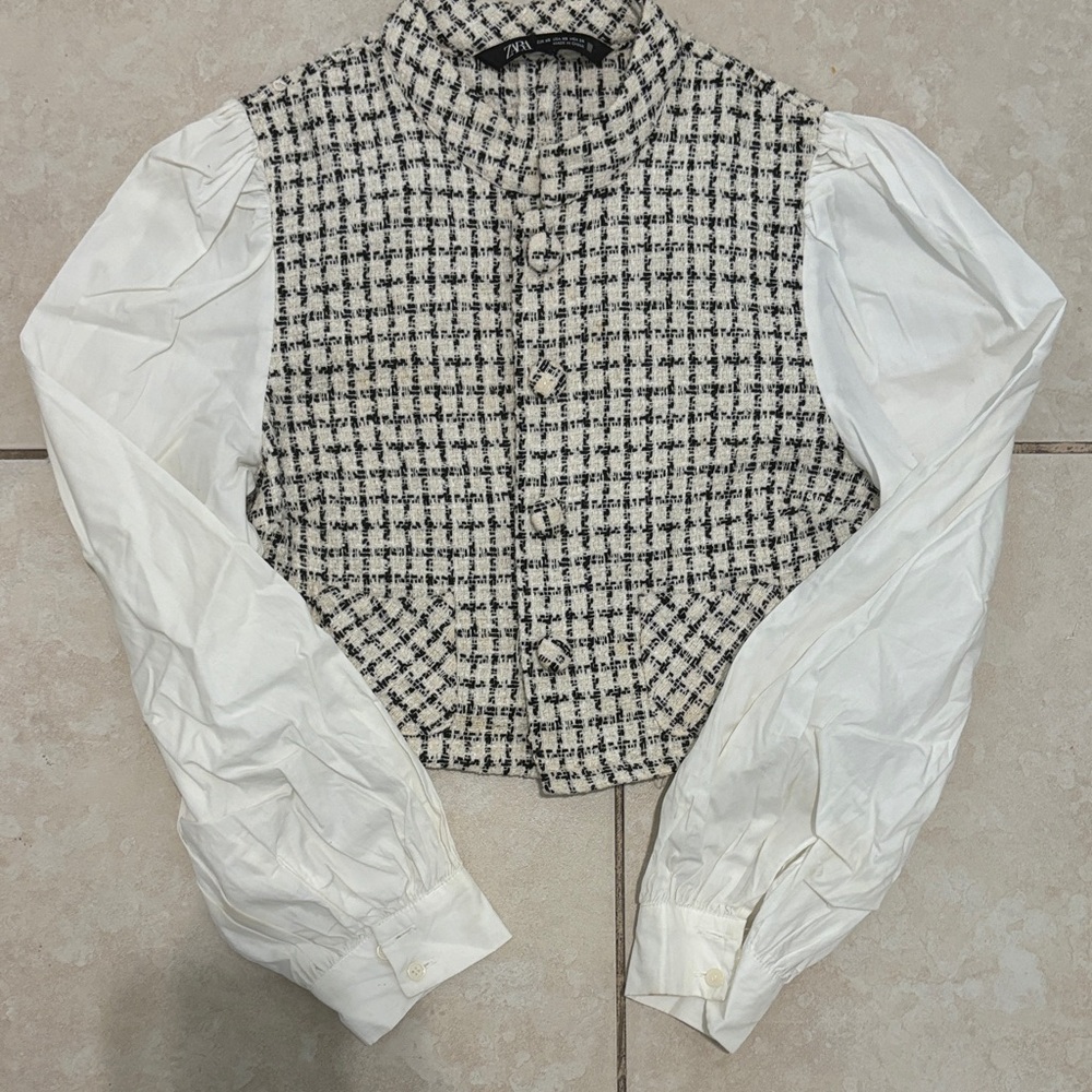 Zara Monochrome Tweed Vest with White Sleeves